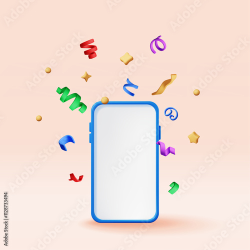 3D party confetti on mobile phone. Render plasticine confetti on smartphone. Colorful firecracker elements in various shapes. Party holiday surprise or birthday events. Vector illustration