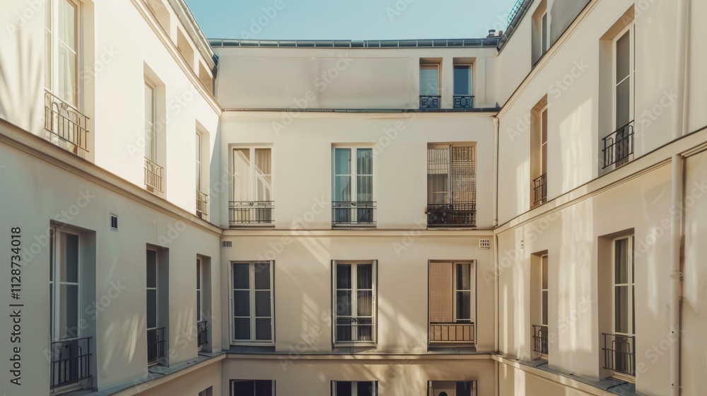 Parisian street view, modern minimalist building, facing a wall with windows and doors, warm sunlight, tranquil urban setting, no people visible. Parisian street view, modern minimalist building, facing a wall with windows and doors, warm sunlight, tranquil urban setting, no people visible.