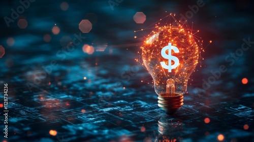 A glowing light bulb with a dollar sign inside, representing financial innovation or a money-making idea.