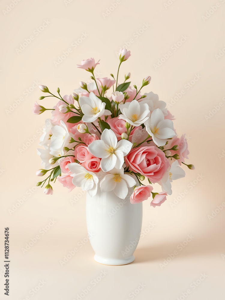 Obraz premium Vase with intricate floral arrangement in shades of pink and white, elegant decor, flower arrangement, white flowers