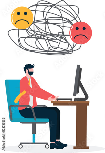 Stress burden from overwork. mental problems, anxiety. Businessman has a heavy messy line in his brain.

