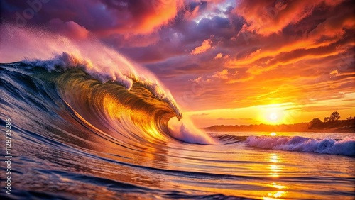 A Majestic Wave Rolls In Under a Fiery Sunset, Painting the Ocean in Hues of Gold and Crimson.
