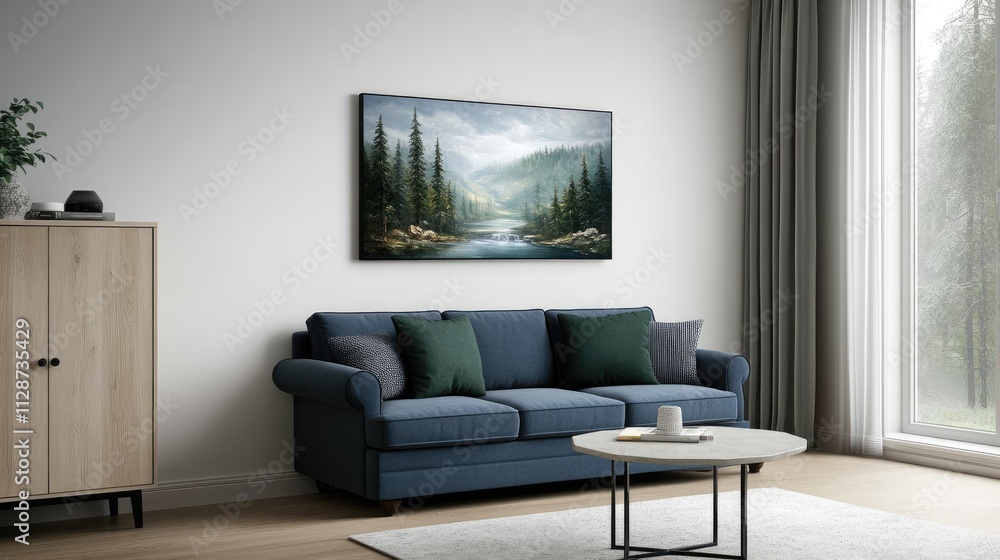 Stylish living room features a green sofa with blue cushions, round coffee table, and modern decor in Scandinavian design Stylish living room features a green sofa with blue cushions, round coffee table, and modern decor in Scandinavian design