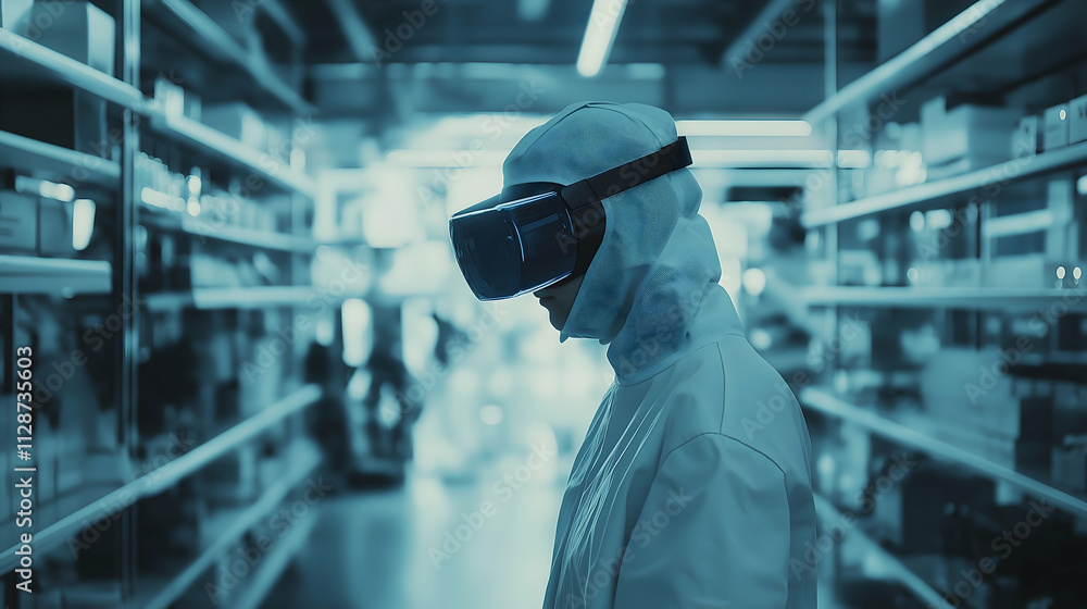 A person wearing a VR headset stands in a futuristic setting, surrounded by shelves, conveying a blend of technology and exploration. A person wearing a VR headset stands in a futuristic setting, surrounded by shelves, conveying a blend of technology and exploration.