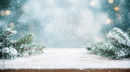 A snowy winter scene with pine branches, christmas background with fir tree branches and snow
