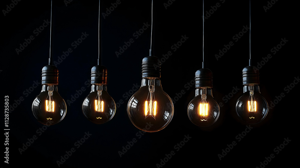 Five illuminated light bulbs hanging against a dark background, creating a warm and inviting atmosphere. Five illuminated light bulbs hanging against a dark background, creating a warm and inviting atmosphere.