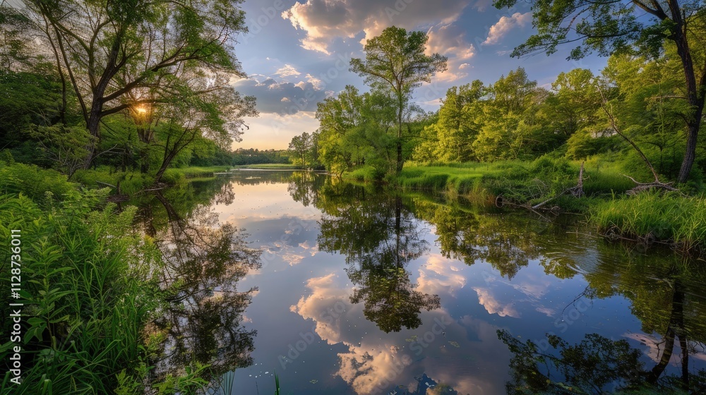 High-end photography of a tranquil river with a reflection of the sky and surrounding trees High-end photography of a tranquil river with a reflection of the sky and surrounding trees