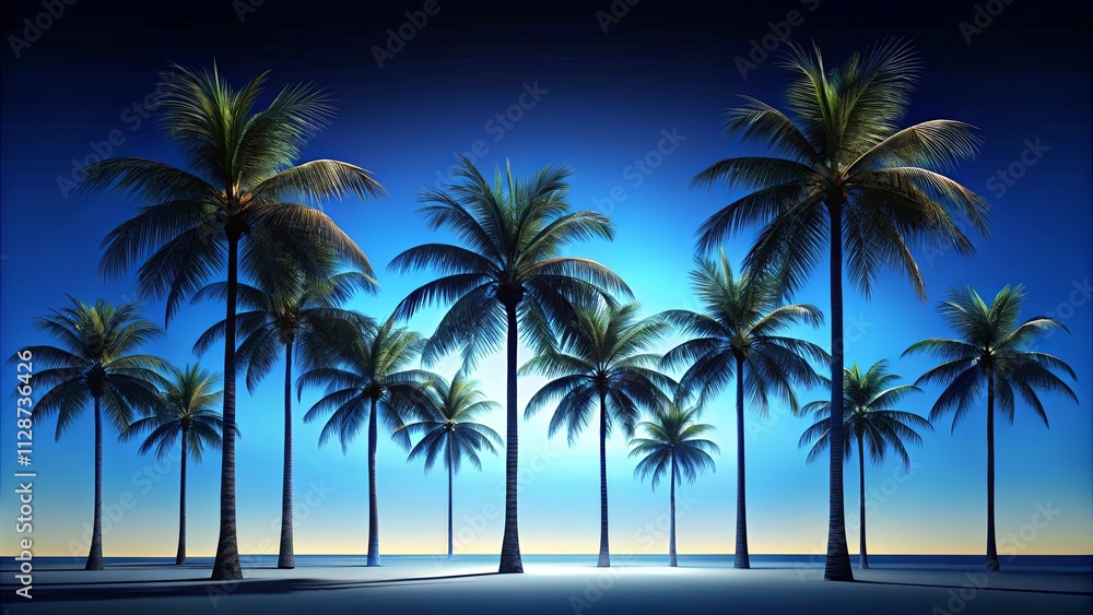 Silhouettes of palm trees against a vibrant blue sky, a picturesque scene of tropical serenity. Silhouettes of palm trees against a vibrant blue sky, a picturesque scene of tropical serenity.