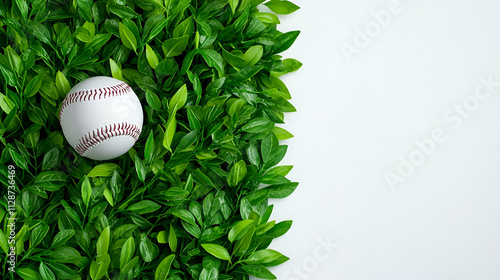 A baseball rests among vibrant green leaves, creating a fresh and lively contrast in this nature-inspired composition. photo