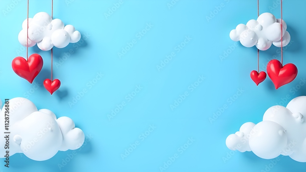 hearts hanging on a wall with the words love in the sky. hearts hanging on a wall with the words love in the sky.