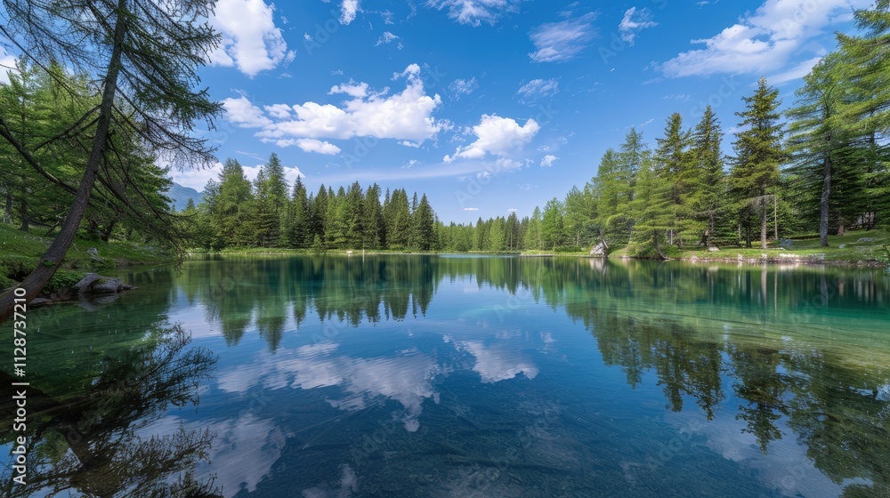 High-end photography of a tranquil lake surrounded by pine trees, with a clear blue sky and calm water High-end photography of a tranquil lake surrounded by pine trees, with a clear blue sky and calm water