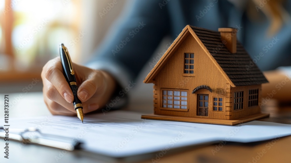 Fototapeta premium A Person Signing a Document with a Wooden House Model Nearby
