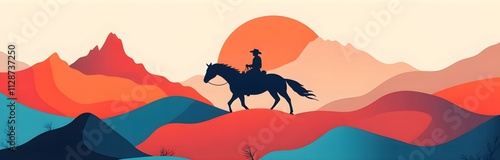 A simple vector illustration of a cowboy riding a horse in the sunset, with a mountains background