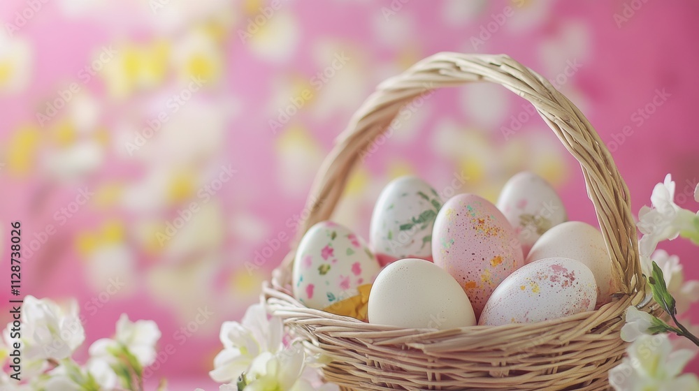 Eggs in basket and easter themed and pink background Eggs in basket and easter themed and pink background