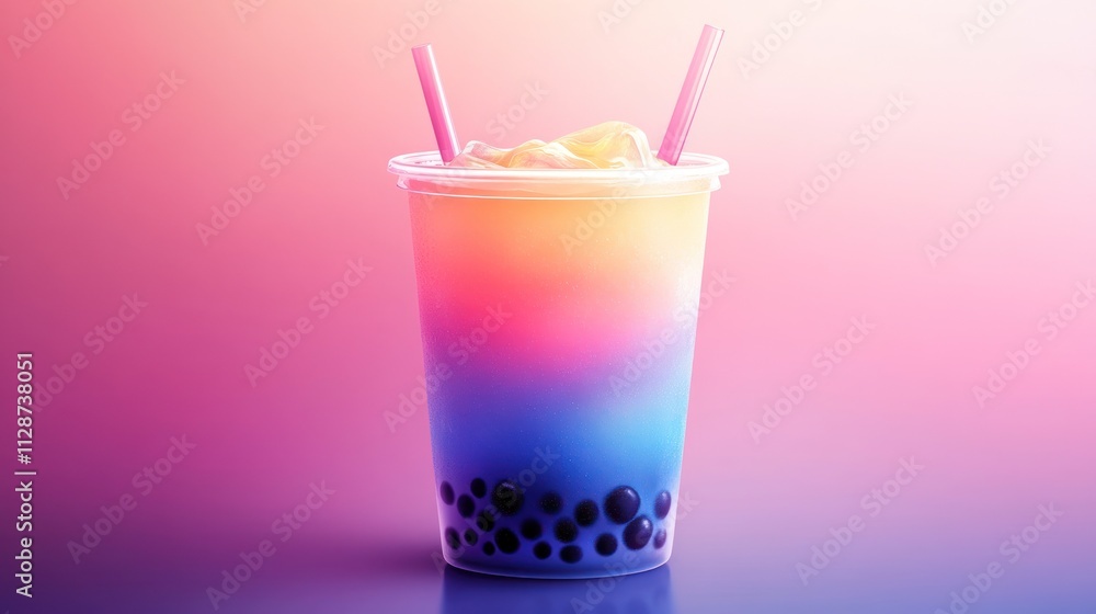 Boba drink in a tumbler with gradient milk tea layers, Boba drink in a tumbler with gradient milk tea layers,