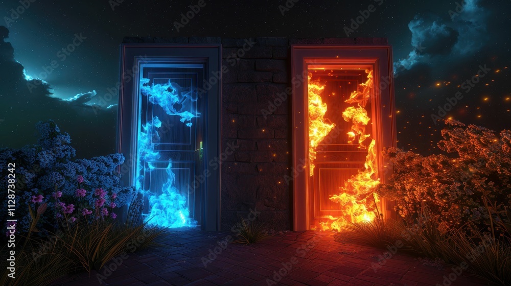 fantasy doors, blue fire, orange flames, thematic visuals, vivid colors, contrast, surreal landscape, mystical scene, nature, adventure, decision making fantasy doors, blue fire, orange flames, thematic visuals, vivid colors, contrast, surreal landscape, mystical scene, nature, adventure, decision making