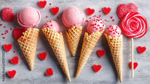 Pink ice cream conesred sugar hearts shaped sprinkles waffles and red lollipops Valentines day concept photo