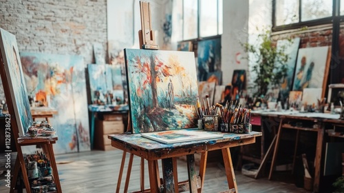 Artist's studio with paintings on easels and art supplies.