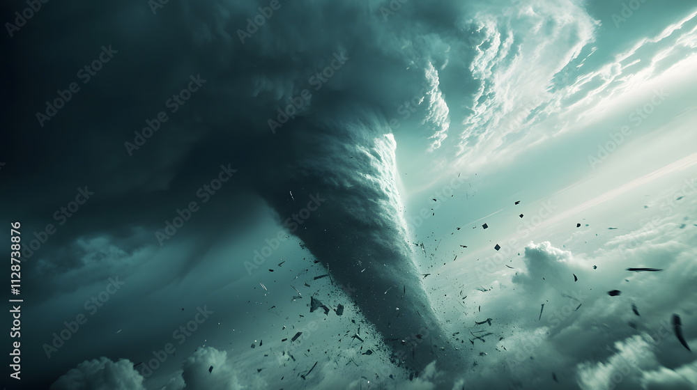 Fototapeta premium A massive tornado surrounded by swirling clouds as seen from the wing of a commercial plane.