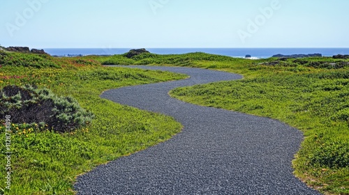 A winding asphalt path cuts through lush green grass, leading towards a distant horizon under a tranquil blue sky