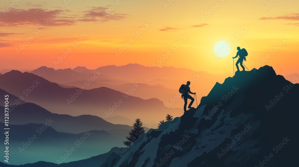 Fototapeta premium Mountain success through nature is beauty, climbers persevering through rugged terrain, breathtaking landscapes of wild nature guiding each step toward the summit of achievement