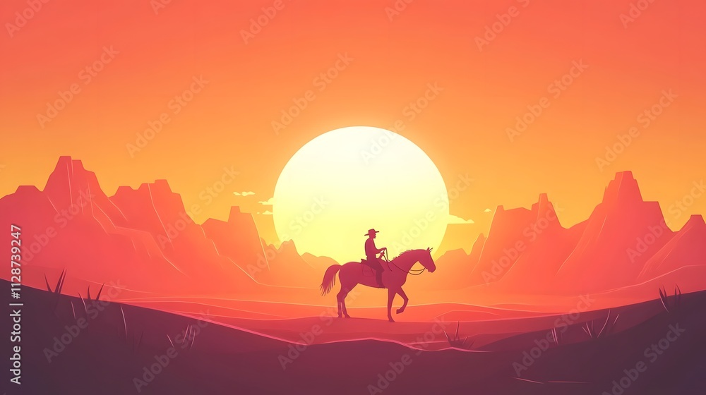 A simple vector illustration of a cowboy riding a horse in the sunset, with a mountains background A simple vector illustration of a cowboy riding a horse in the sunset, with a mountains background