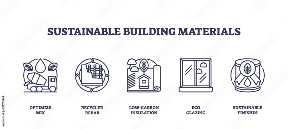 Sustainable building materials icons include optimize mix, recycled rebar, and eco glazing, transparent background. Outline icons set. Sustainable building materials icons include optimize mix, recycled rebar, and eco glazing, transparent background. Outline icons set.