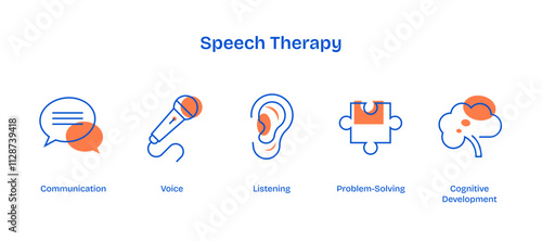 Speech therapy icons depict communication, listening, and cognitive development, transparent background.