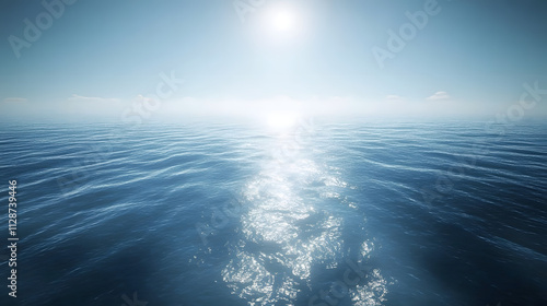 Serene ocean scene with sunlight reflecting on the water's surface. Clear blue sky and calm waves create a peaceful and tranquil atmosphere. Perfect for travel, nature, or relaxation themes.