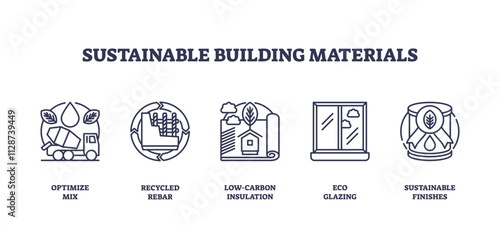 Sustainable building materials icons include optimize mix, recycled rebar, and eco glazing, transparent background. Outline icons set.