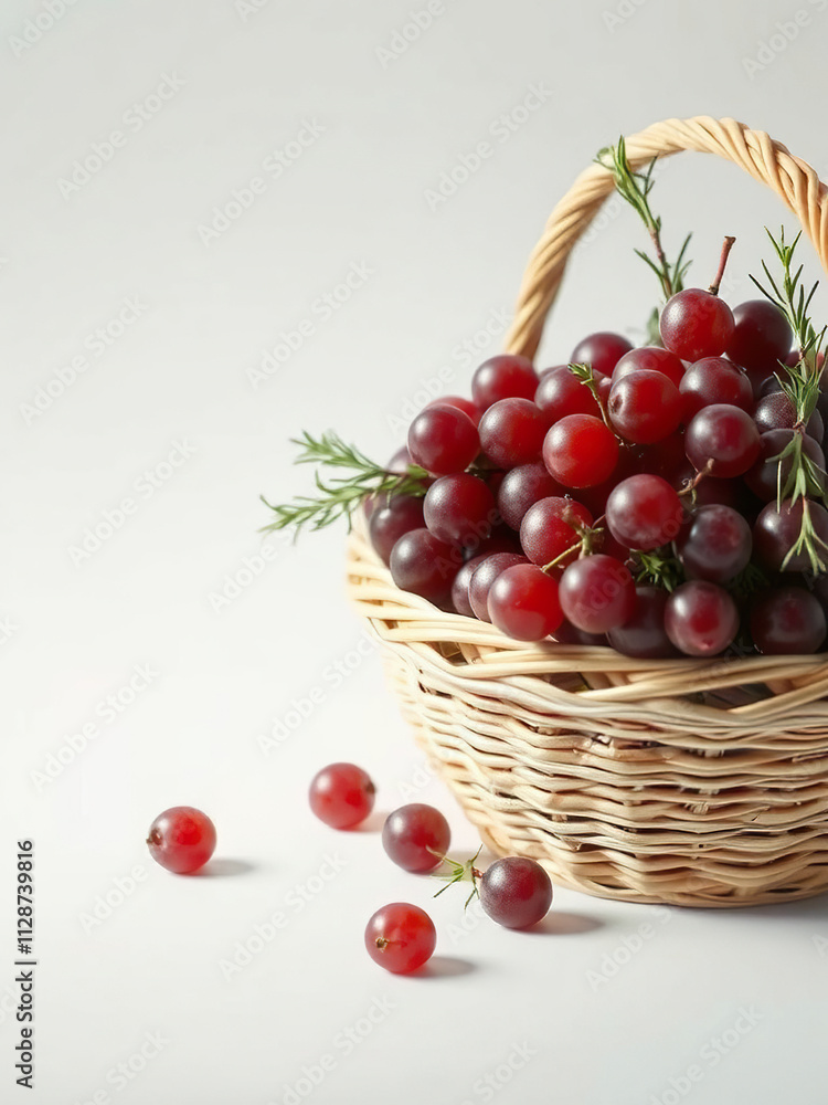 wicker basket filled with fresh red grapes and a few sprigs of rosemary, rustic, wicker basket, earthy, natural, fruit stand wicker basket filled with fresh red grapes and a few sprigs of rosemary, rustic, wicker basket, earthy, natural, fruit stand