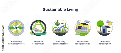 Sustainable living icons depict resource conservation, reducing carbon footprint, and conscious consumption, transparent background.