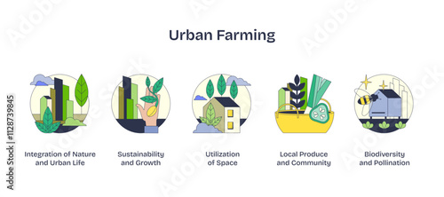 Urban farming icons depict integration of nature and city life with plants, buildings, and bees, transparent background.