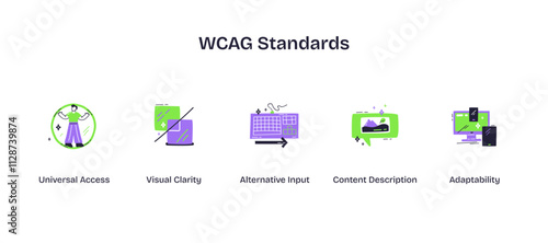 WCAG Standards icons show universal access, visual clarity, and adaptability, transparent background. Playful style icons