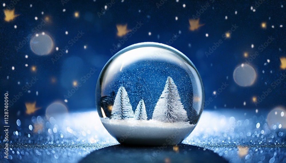 Christmas Snow Globe In Eve Night or magic crystal ball on blue background Christmas Snow Globe In Eve Night or magic crystal ball on blue background