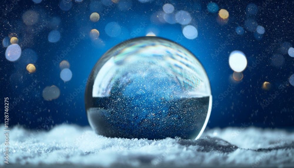 Christmas Snow Globe In Eve Night or magic crystal ball on blue background Christmas Snow Globe In Eve Night or magic crystal ball on blue background