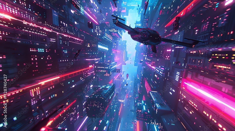 Fototapeta premium A futuristic city with neon lights and a spaceship flying overhead.