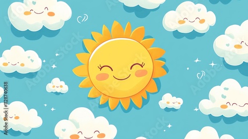 Happy Sun Smiles Among Cheerful Clouds In Blue Sky