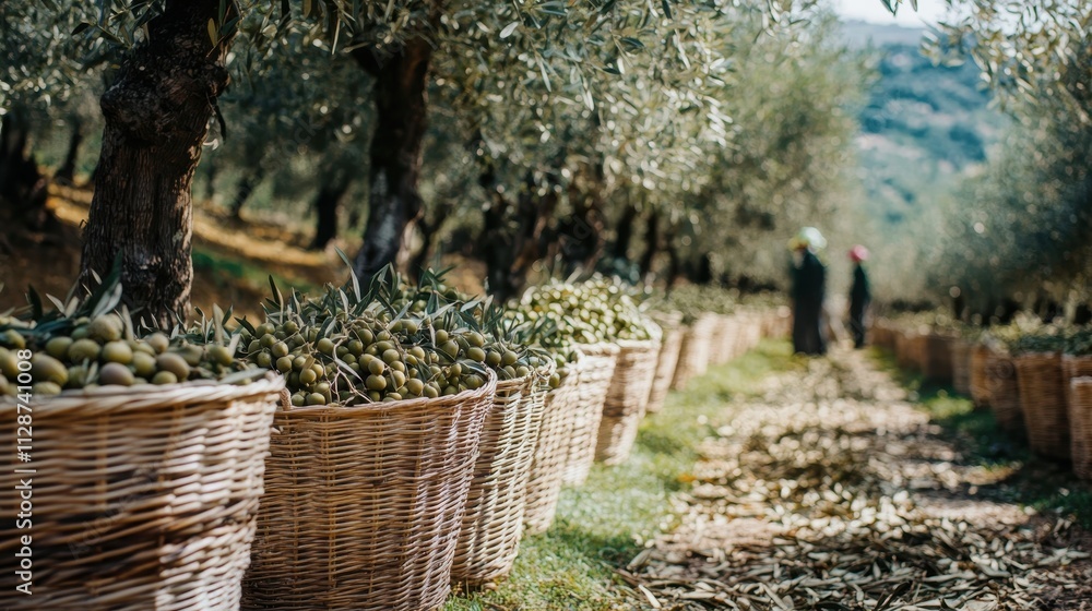 Obraz premium Olive Harvest: A sun-drenched olive grove in Greece, filled with wicker baskets brimming with freshly picked olives, ready for processing into delicious olive oil.