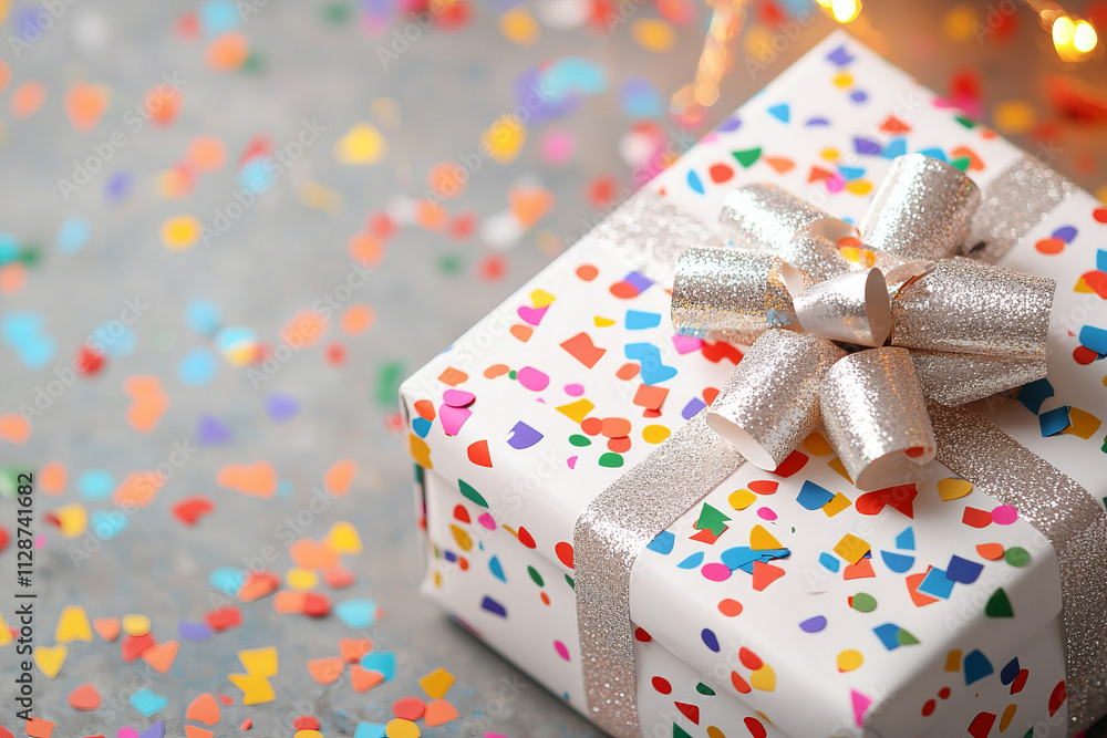 festive gift box wrapped in colorful confetti patterned paper with glittery silver bow, surrounded by vibrant confetti on gray surface festive gift box wrapped in colorful confetti patterned paper with glittery silver bow, surrounded by vibrant confetti on gray surface