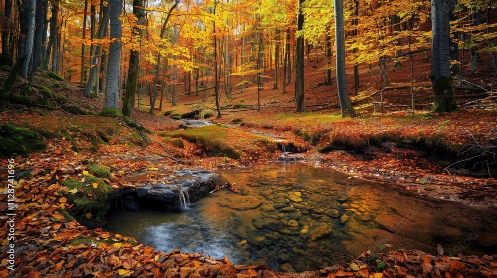 High-end photography of a serene forest clearing with a small, bubbling brook and vibrant autumn foliage High-end photography of a serene forest clearing with a small, bubbling brook and vibrant autumn foliage