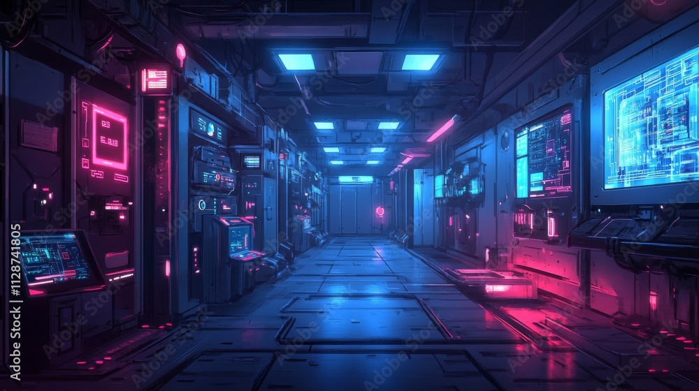 Futuristic Sci-Fi Corridor with Neon Lights and Technology Futuristic Sci-Fi Corridor with Neon Lights and Technology