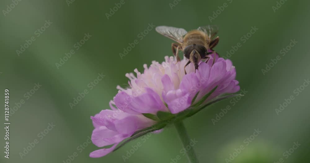 SLO MO MS Hoverfly pollinating field scabious flower / Dorset, UK SLO MO MS Hoverfly pollinating field scabious flower / Dorset, UK