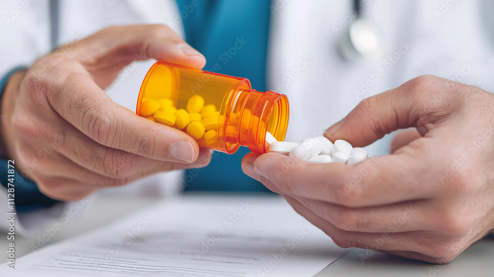 close up of doctor’s hands pouring pills from orange bottle onto other hand, symbolizing healthcare and medication close up of doctor’s hands pouring pills from orange bottle onto other hand, symbolizing healthcare and medication