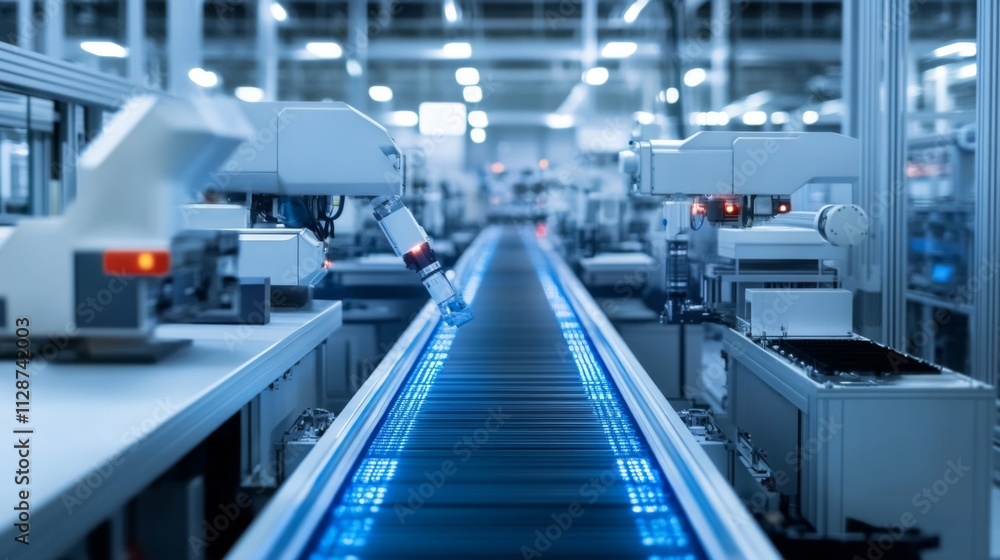 Industrial Robots Working on a Conveyor Belt in a Modern Factory Industrial Robots Working on a Conveyor Belt in a Modern Factory