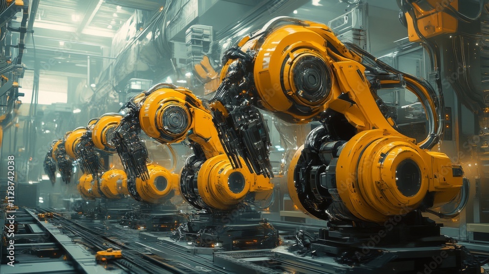Obraz premium Row of Industrial Robots in a Futuristic Factory