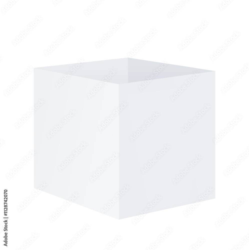 White open empty Box, cardboard or paper packaging, cube shape. Vector realistic Mockup. Square Packaging for food, things, gifts. Blank template.