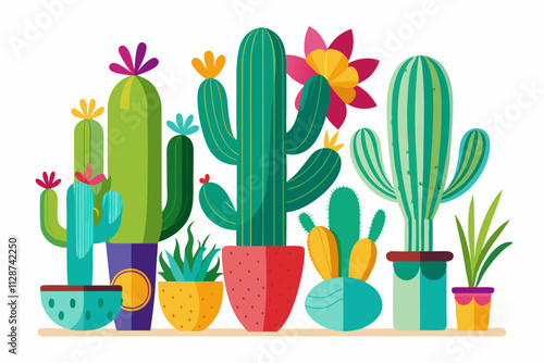 separated Colorful cactus plants in various shapes and sizes  on a white background