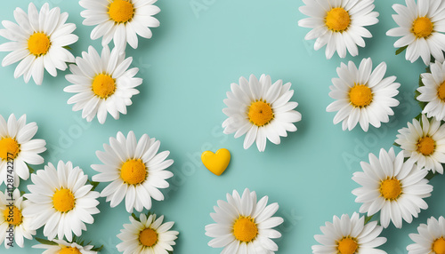 Yellow heart amidst daisies on teal