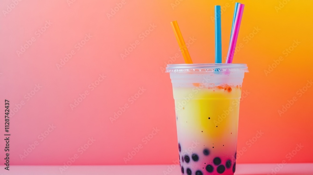 Boba in a clear plastic cup with colorful straws, Boba in a clear plastic cup with colorful straws,